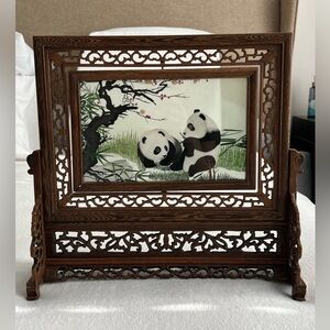 Vintage Chinese Suzhou Silk Embroidery Screen with Stand- Two Pandas